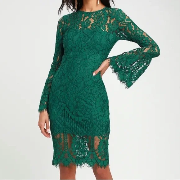 Lulus Enrapturing Elegance Green Lace Long Sleeve Midi Dress size small bridal - Picture 1 of 12